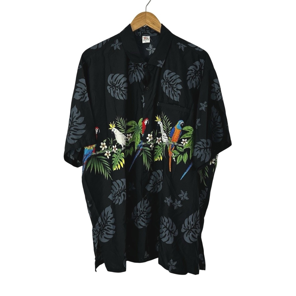 Rima Hawaiian Shirt Mens XL Caribbean Black Parrot Aloha Button Front Tropical